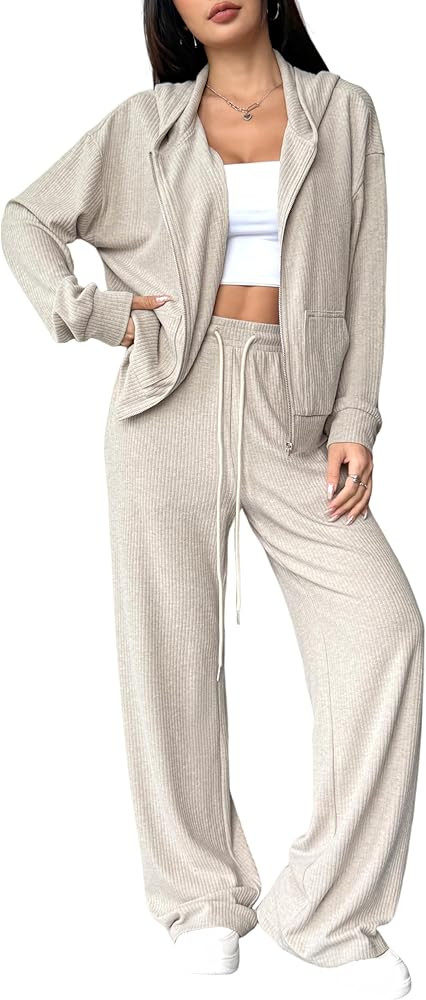 Women's 2 Piece Ribbed Knit Loungewear Set Hooded Zipper Cardigan Pants Casual Lounge Outfit | Amazon (US)