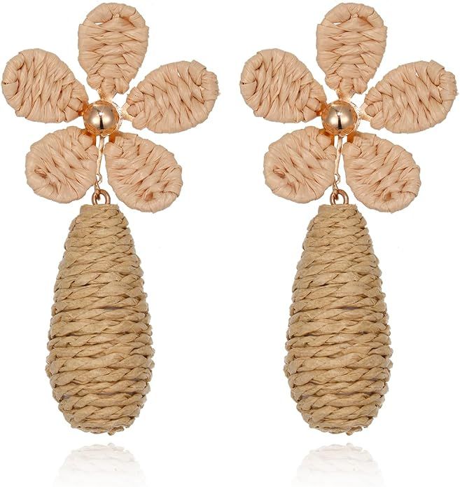 Raffia Flower Pendant Earrings, Handmade Floral Raffia Statement Drop and Dangle Earrings Summer ... | Amazon (US)