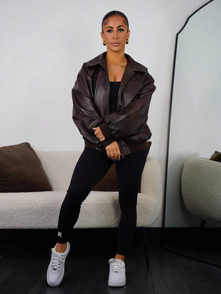 SAYEHFBABY Women's Distressed PU Leather Jacket Regular Coat Suitable For Autumn And Winter Casual And Handsome Jacket Y2k Cropped Leather Jacket Crop Jacket Oversized Jacket Leather Jacket Women Leather Outerwear Y2k Jacket Chocolate Brown Jacket | SHEIN