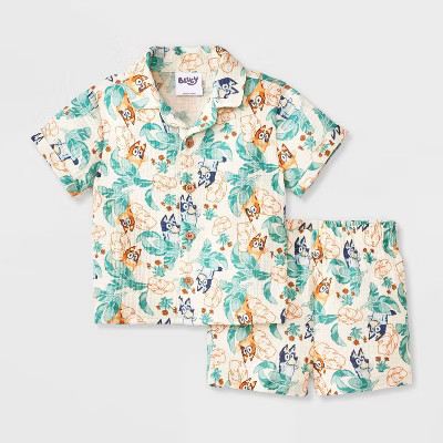 Baby Boys' 2pc Bluey Gauze Button-Up Top & Shorts Set - Ivory 6-9M | Target