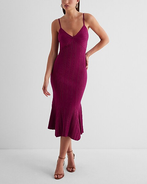 Ribbed V-Neck Twist Midi Sweater Dress | Express