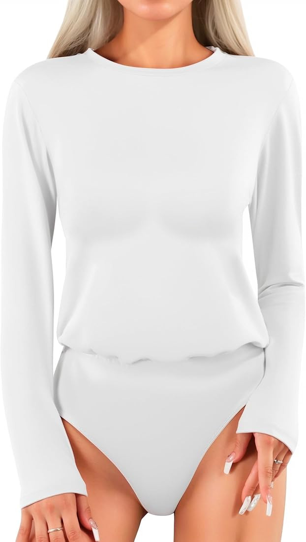 MANGOPOP Women's Body Suits Round Neck Loose Fit Satin Blouse Long Sleeve Bodysuit Tops | Amazon (US)