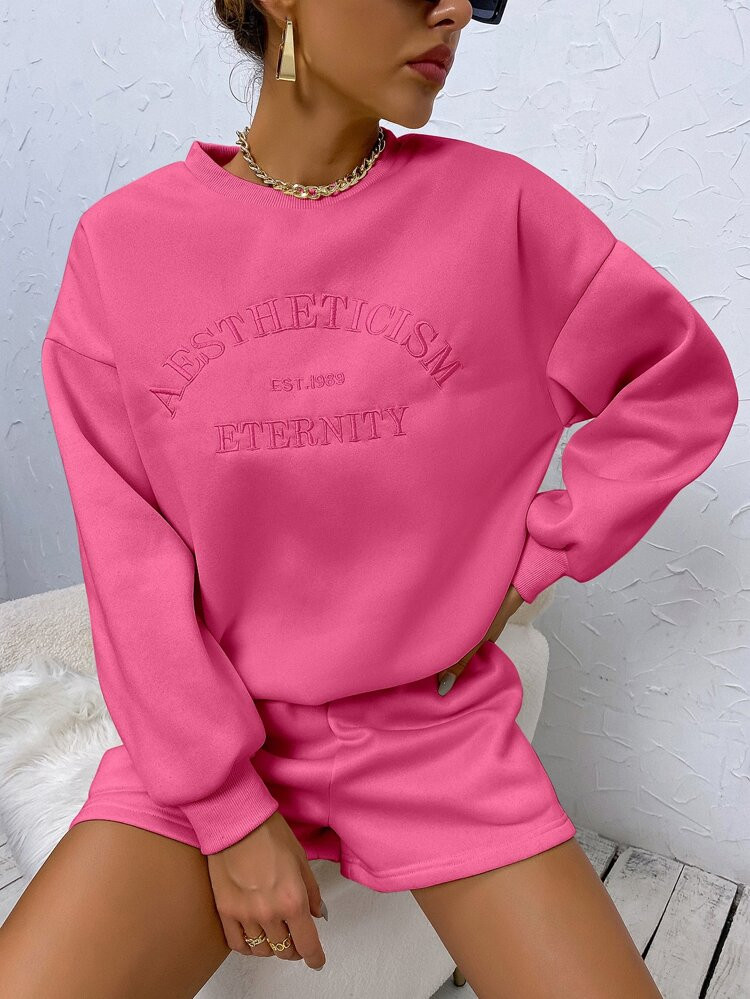 Letter Embroidery Drop Shoulder Sweatshirt & Shorts | SHEIN