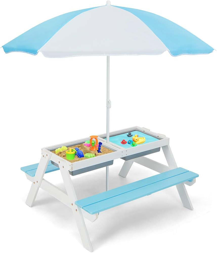 HONEY JOY Kids Picnic Table, 4 in 1 Cedar Wooden Sand & Water Table w/ 2 Removable Box & Umbrella... | Amazon (US)