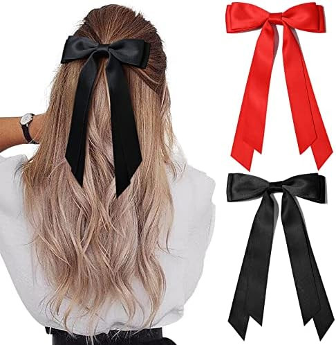 2PCS Silky Satin Hair Bows Hair Clip Black Red Hair Ribbon Ponytail Holder Accessories Slides Met... | Amazon (US)