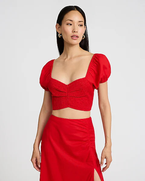 Linen-Blend Puff Sleeve Smocked Cropped Top | Express