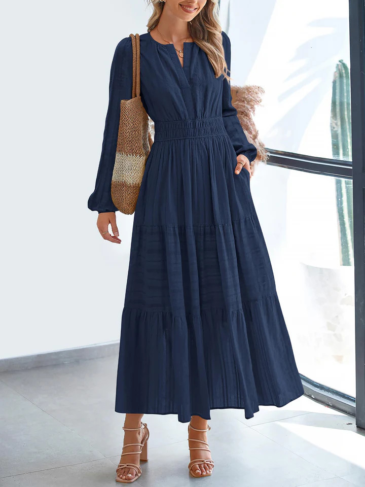 Notch Neck Puff Long Sleeves Pockets Tiered A-Line Midi Dress | allegra-k