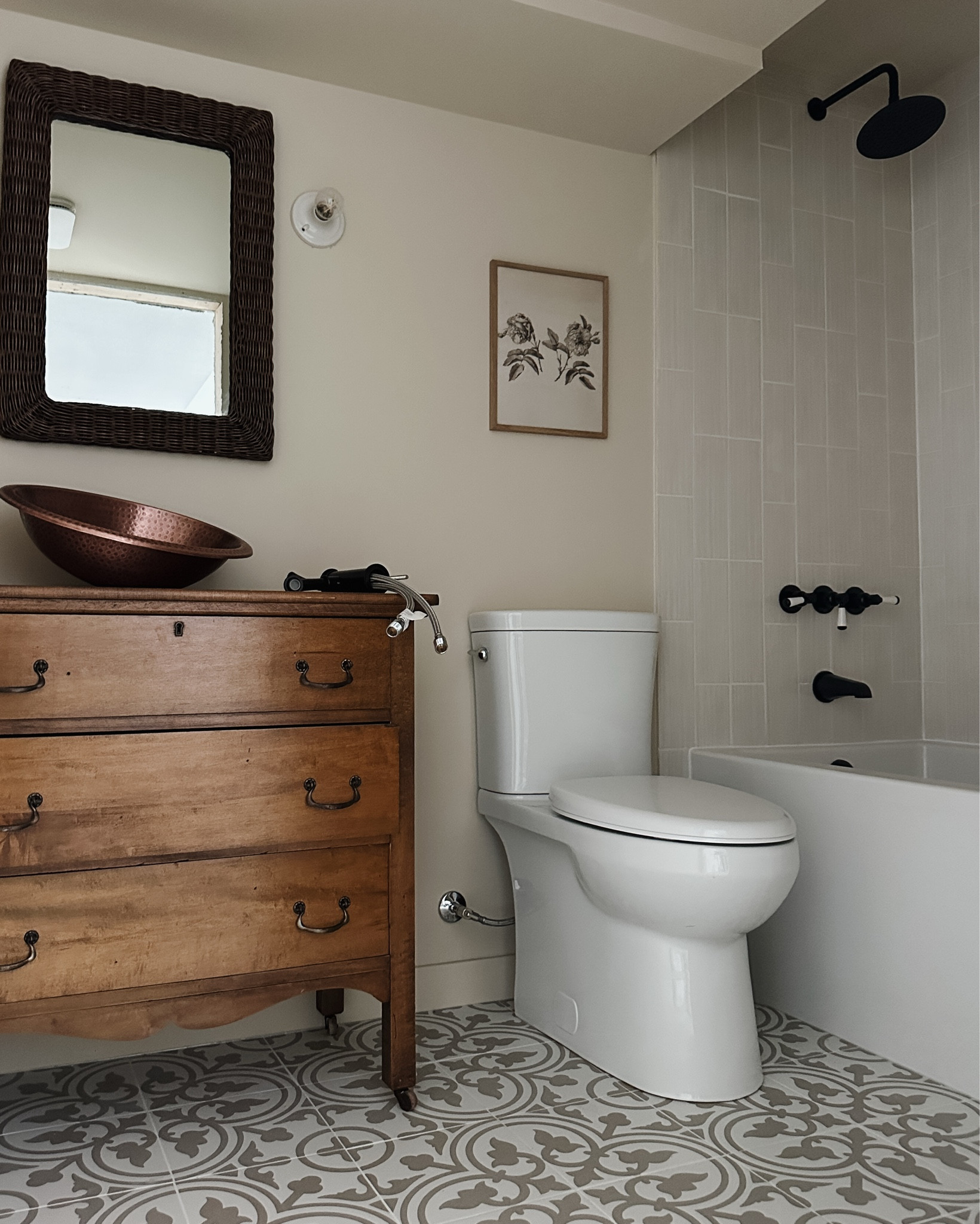
Designing this bathroom was all about contrast—old + new, texture + polish, bold + timeless.

We custom fit an antique dresser, paired it with this hammered copper sink, and fell hard for this patterned tile.

👉 Need help with your own reno? I offer one-on-one design consults (link in bio or on Substack).

You can shop everything we used right here. 🛁 #SilverdaleReno

#bathroomdesign #renovationideas #vintagetouches #tilelove #interiordesignhelp

#LTKHome