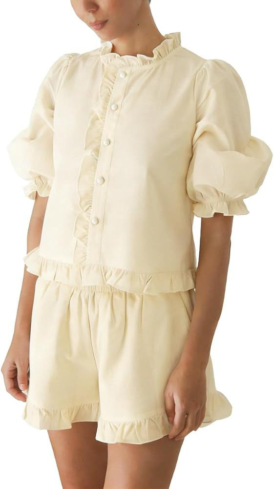 Women's Ruffle Short Set Puff Sleeve Button Down 2 Piece Outfits | Amazon (US)