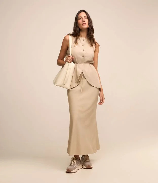 Saia Midi em Linho e Viscose com Amarração na Cintura Off White - Lojas Renner | Renner (BR)