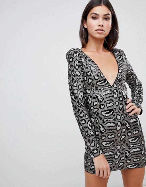 Club L sequin dress in gray leopard | ASOS US