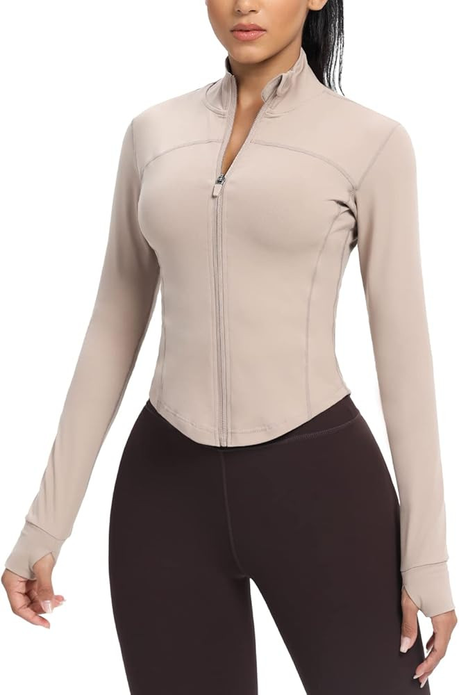AVGO Women's Cropped Running Workout Jackets Zip Slim Fit Athletic Tops with Thumb Holes | Amazon (US)