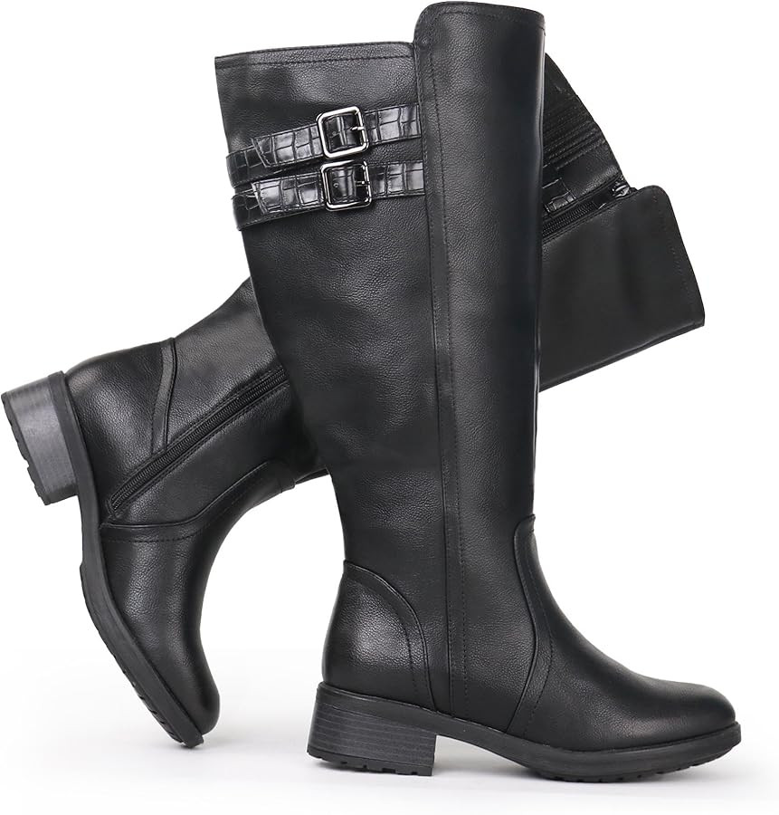 Damen-Stiefel mit extrabreitem Wadenabschnitt, Blockabsatz, gestapelter Schnalle, verstecktem Str... | Amazon (DE)