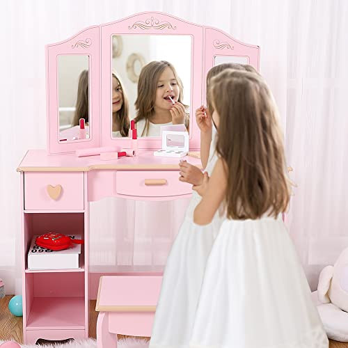 Garvee Kids Vanity with Tri-Fold Mirror, Little Girls Vanity Table & Stool, Kids Makeup with Drawer & Open Shelves for 3-9 Yrs Girls, Pink | Amazon (US)