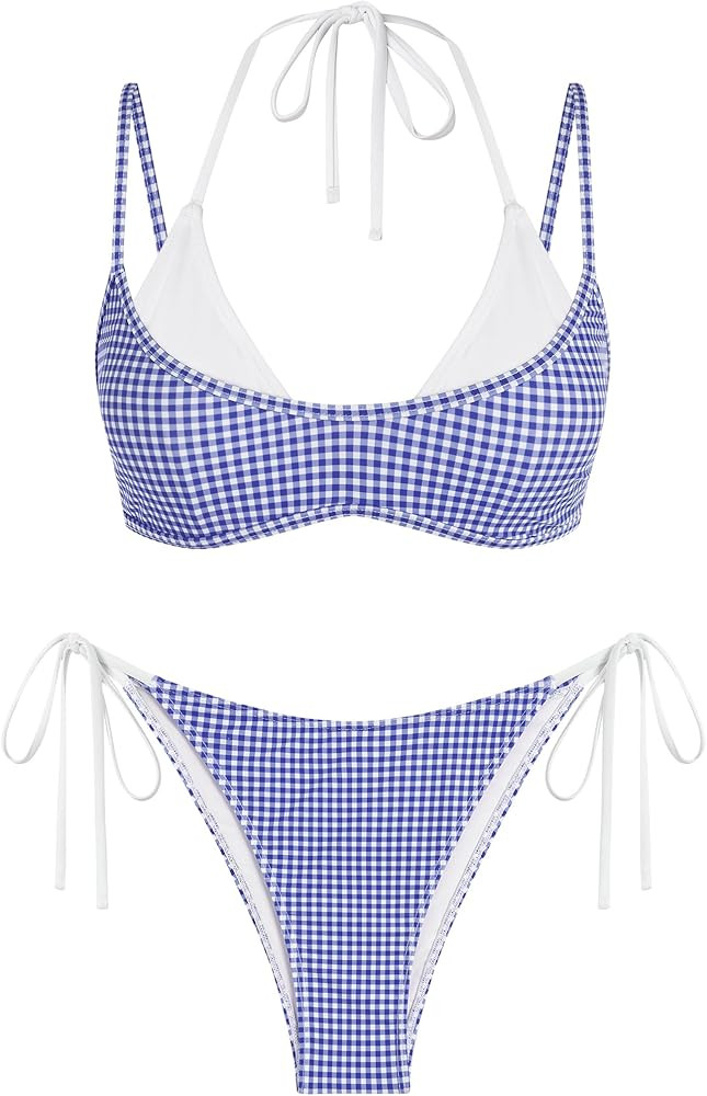 ZAFUL Women's Polka Dot Bikini Set Double Layer Halter Swimsuit Colorblock Side Tie 2 Piece Bathi... | Amazon (US)