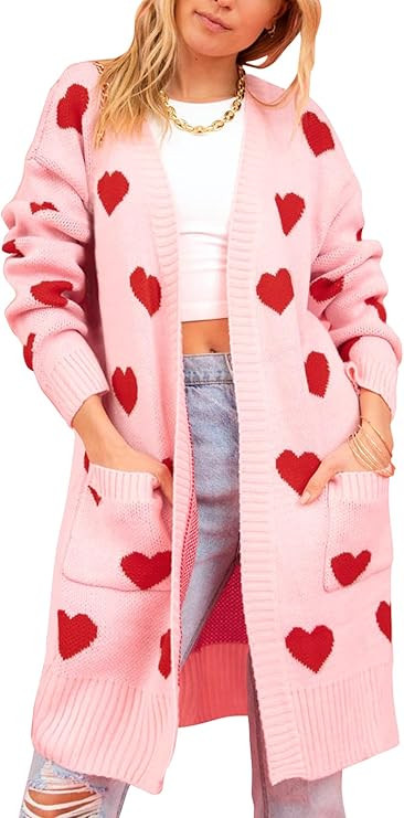 HOULENGS Women's Cute Heart Print Long Cardigan Sweater V Neck Open Front Knitted Sweater Coats w... | Amazon (US)