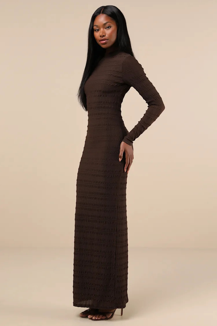 Trendsetting Design Brown Textured Long Sleeve Maxi Dress | Lulus