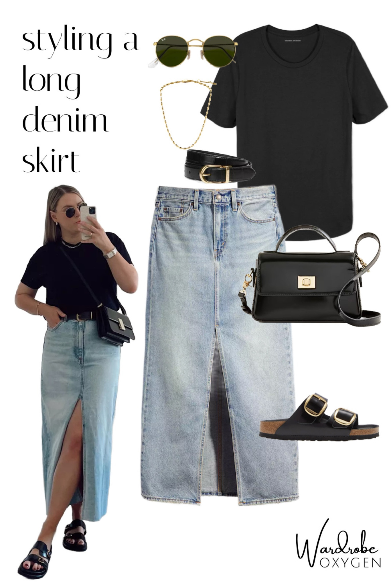 Cool and casual spring to summer style for a long denim skirt. Pair with a simple black tee and Birkenstocks for an easy look that works with a range of body types. Customize with different cuts of t-shirts and other styles of platform or puffy sandals. 

#LTKStyleTip #LTKMidsize #LTKOver40