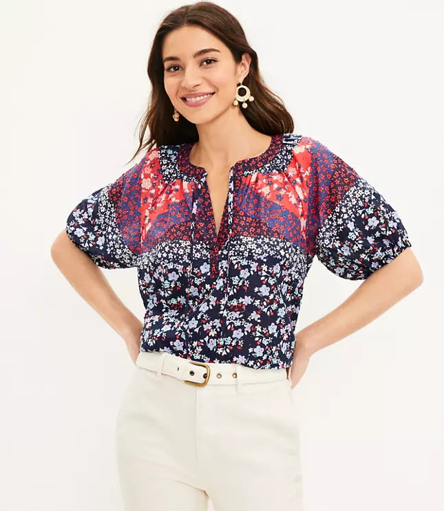 Garden Tie Neck Puff Sleeve Top | LOFT