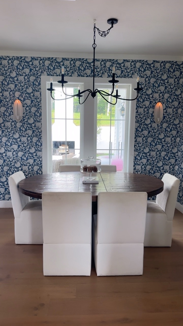 Dining room part two! I cannot believe how much this wallpaper changed this space it is so cozy and the wall sconces and the lit candles is just the cherry on top!🍒 the wallpaper is back in stock grab it. It’s a good one.!!!￼

#LTKHome #LTKdayinmylife