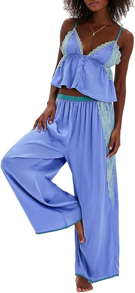 Women Sexy Lace Patchwork Pajamas Set 2 Piece Button Down Ruffled Spaghetti Strap Cami Top And Wi... | Amazon (US)