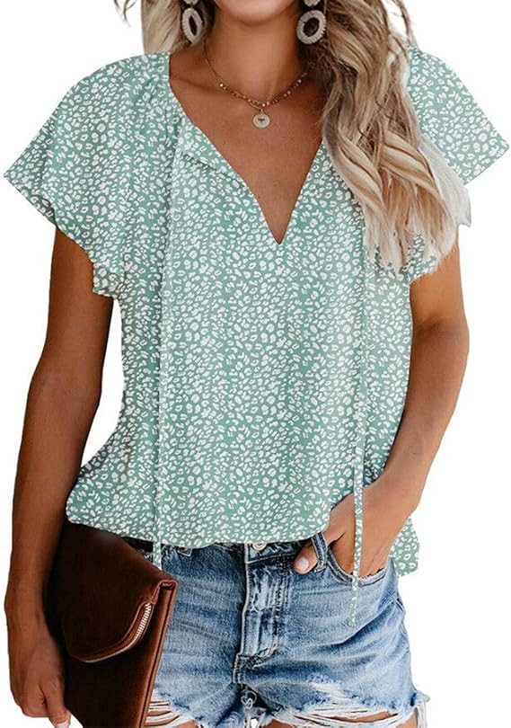 Mansy Women's Casual Floral Print V Neck Ruffle Short Sleeve Summer Shirts Tops Loose Blouses | Amazon (US)