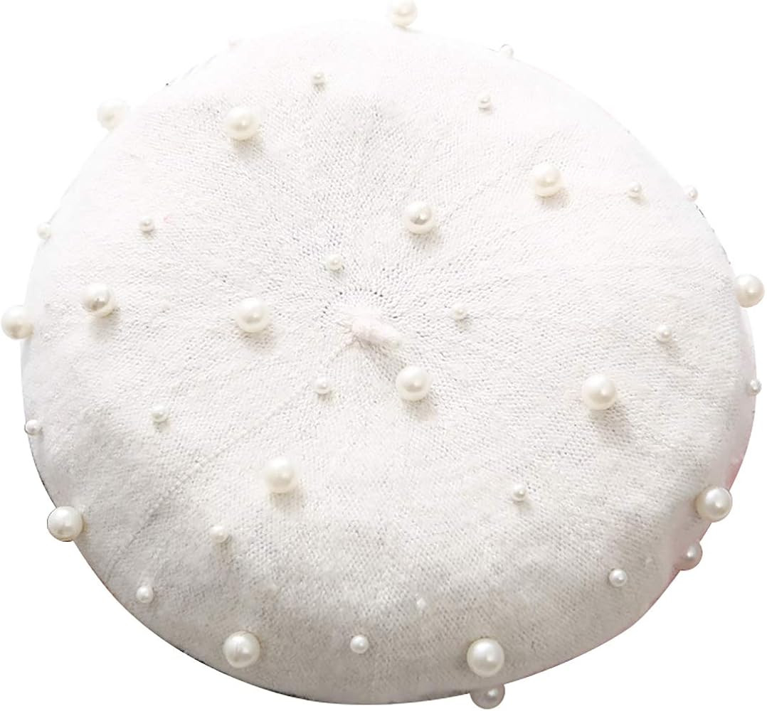 Cozylkx Women French Artist Solid Color Wool Winter Beret Hats with Pearl Beaded | Amazon (US)