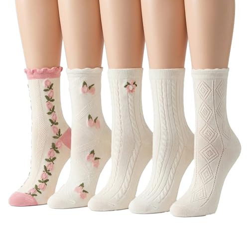 Soyezletop 5 Pairs White Cute Socks,Women's Lace Ruffles Ankle Casual Sock,Breathable Mid Tube Socks, Flower Details Crew Socks Gifts for Girls. | Amazon (US)