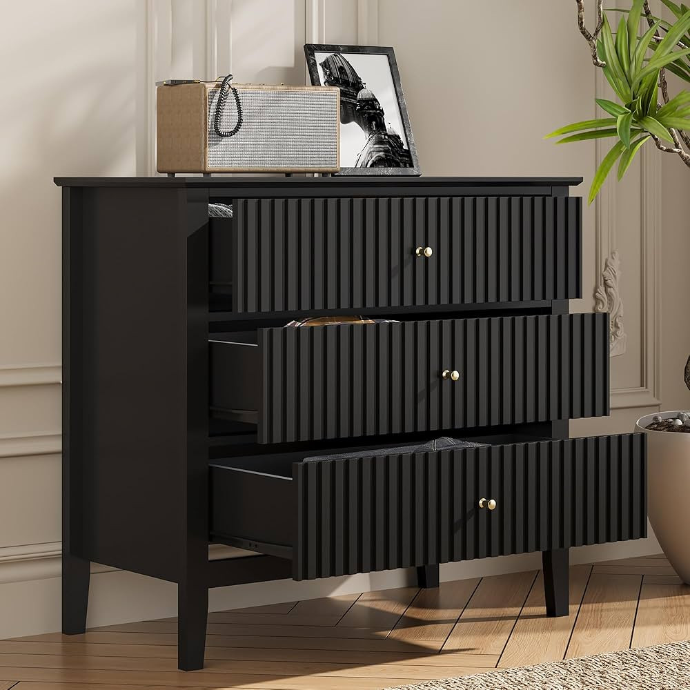 RoyalCraft Black Fluted 3 Drawer Dresser, 32 inch Wide Dresser Nightstand for Bedroom, Modern Woo... | Amazon (US)
