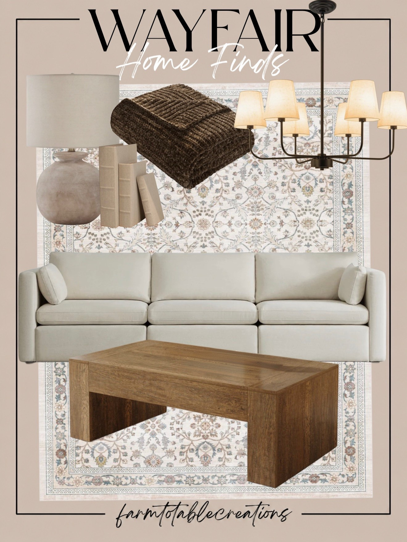 Wayfair Warm & Collected Living Room 🤎

A neutral living room with just the right amount of warmth and contrast. This Wayfair collection pairs a creamy sofa with a rich wood coffee table, vintage-inspired rug, soft lighting, and a cozy chocolate brown throw for an effortlessly elevated look.

Follow @farmtotablecreations on Instagram for more cozy home finds and trending decor.

I love how these pieces feel timeless rather than overly trendy—the warm wood tones and subtle pattern give the room that comfortable, collected feel while still keeping everything light and inviting.

#LTKHome #WayfairFinds #WayfairHome #LivingRoomInspo #NeutralHome #CozyHome #WarmNeutrals #HomeDecor #LivingRoomDecor #DesignerInspired #AffordableHomeDecor #HomeFinds #WayfairStyle

#LTKSaleAlert #LTKHome