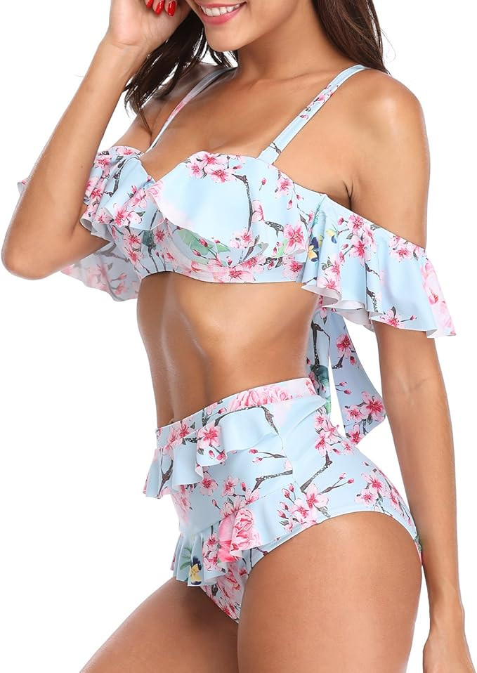 Tempt Me Women Off-Shoulder Two Piece Bikini Set Ruffled Floral Print Swimsuit | Amazon (US)