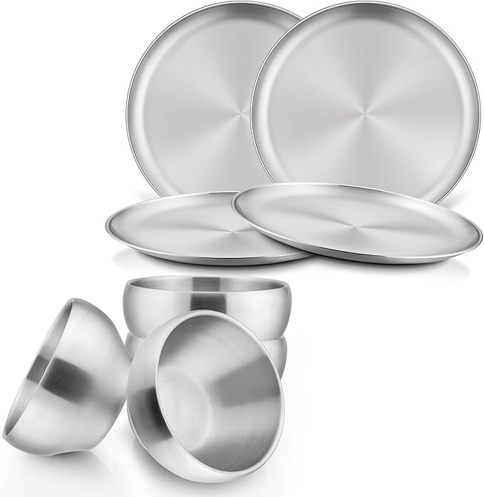 HaWare Kids Plates and Bowls, 8 Pieces Stainless Steel Dish Set, Reusable Dinnerware for Camping,... | Amazon (US)