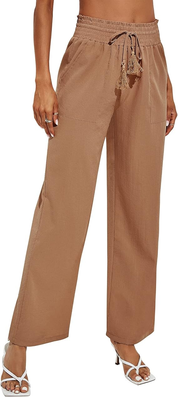 Rapbin Women's Cotton Linen Pants Casual Drawstring Loose Elastic Waist Beach Trousers with Pocke... | Amazon (US)