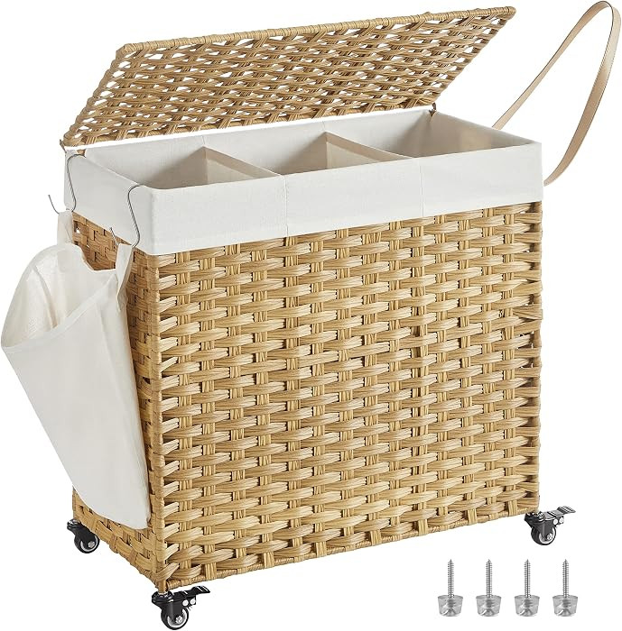 SONGMICS Laundry Hamper with Lid, 37 Gallons (140 L), Rolling Laundry Basket with Wheels, 3-Secti... | Amazon (US)