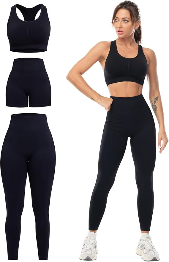 3 Piece Workout Sets for Women Butt Lifting Leggings with High Impact Sports Bra Gym Shorts | Amazon (US)
