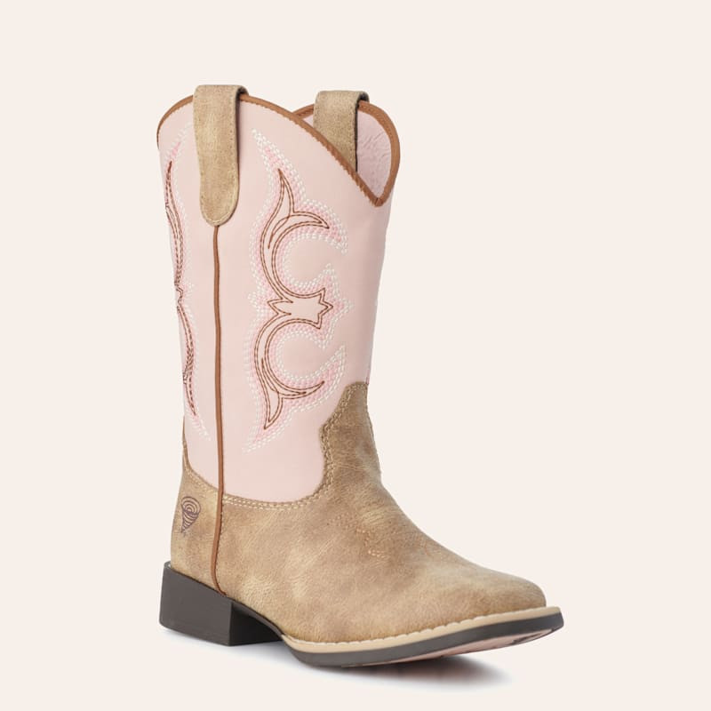 Twister Girls Posy Light Pink and Tan Wide Square Toe Cowboy Boots | Cavender's