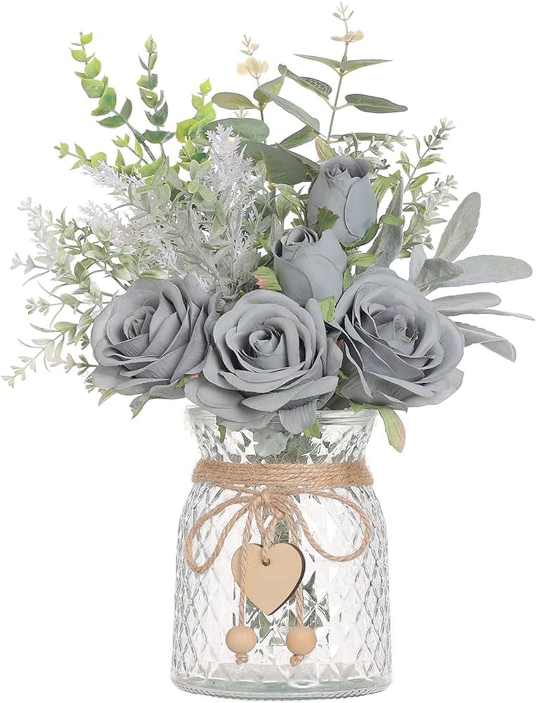 Faux Flowers with Vase,Artificial Silk Roses in Vase, Fake Plant Eucalyptus Flower Arrangement fo... | Amazon (US)