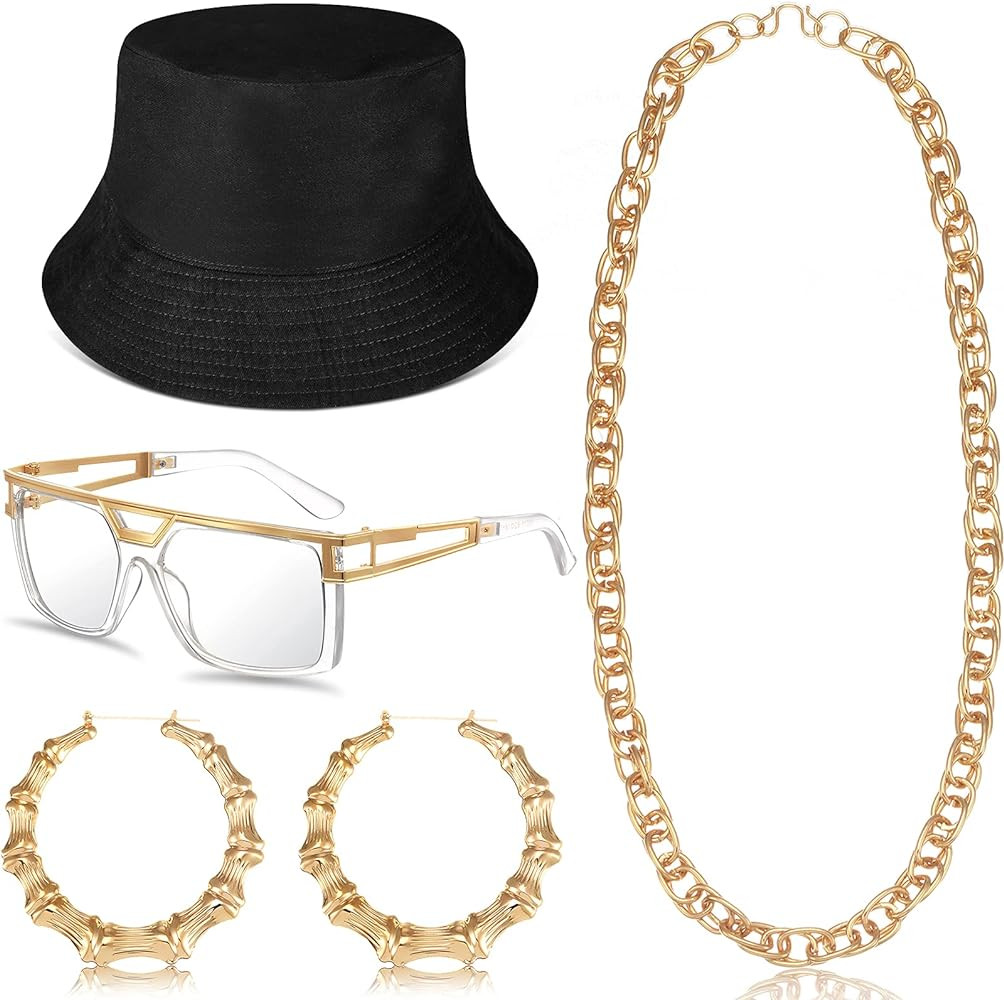 Sintege Hip Hop Costume Kit 80s 90s Jewelry Outfit Halloween Rapper Accessories for Women Men | Amazon (US)