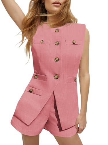 Tankaneo Womens 2 Piece Outfits Casual Suit Sets Sleeveless Button Down Blazer Vest Shorts Office Business Matching Set, Pink, X-Large | Amazon (US)