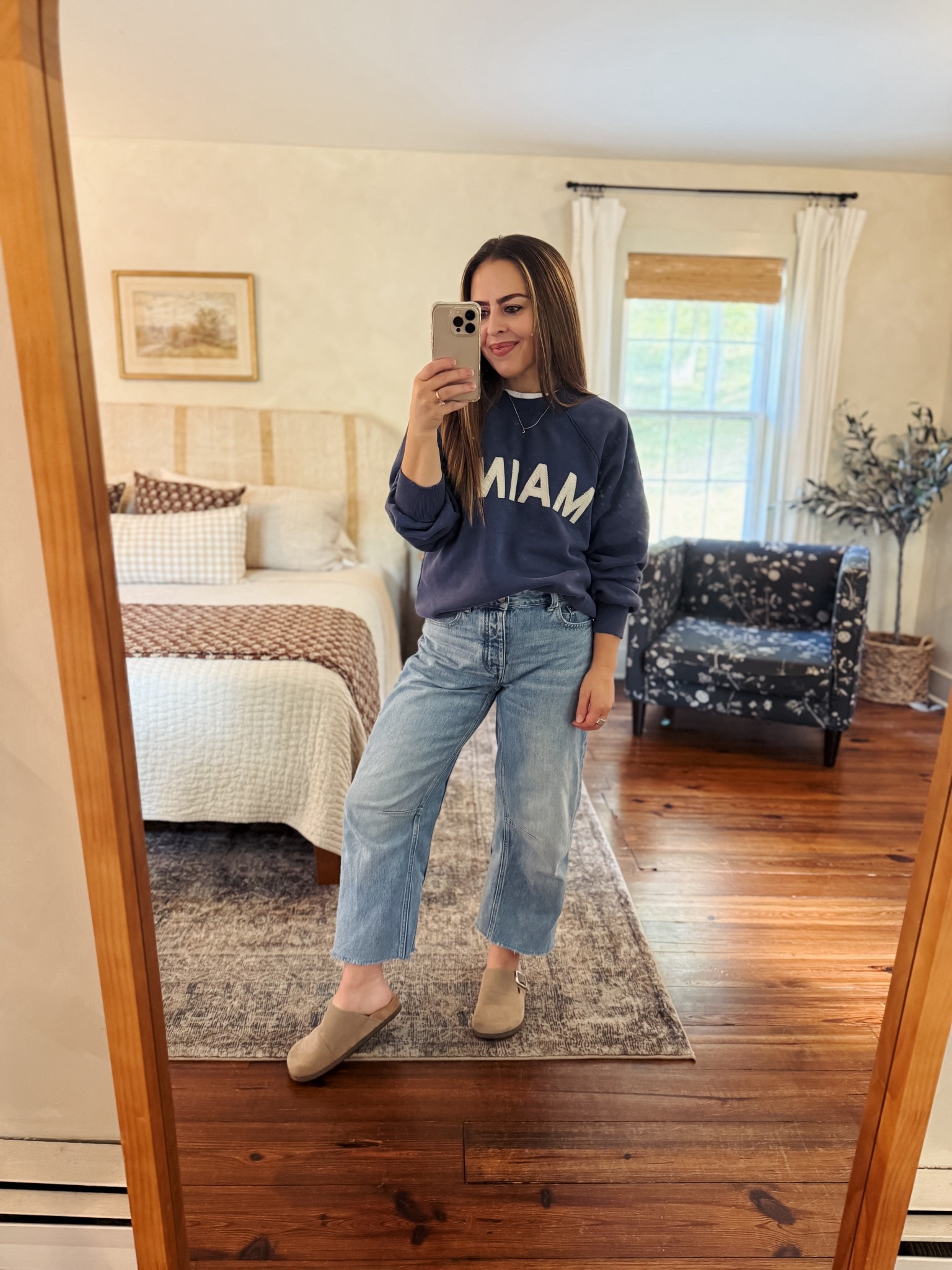 Easy Saturday outfit. Love this Maine sweater shirt (wearing XS) and these clogs are only $22