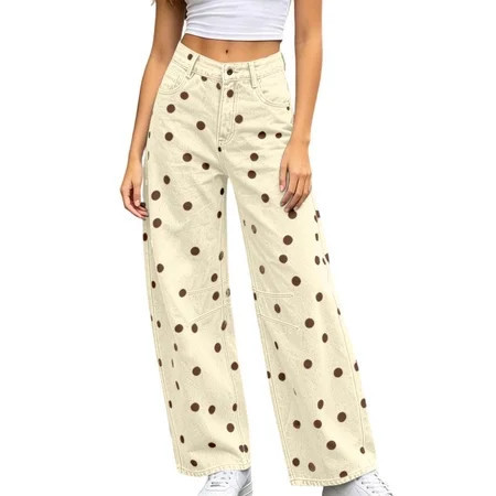 PBFRDSJ Women's Y2k Polka Dot Barrel Jeans Low Rise Wide Leg Denim Pants Vintage Ruched Boyfriend Jeans with Pockets Sizes S-XL | Walmart (US)