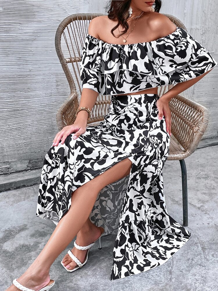 Off Shoulder Floral Print Top & Split Thigh Skirt Set | SHEIN