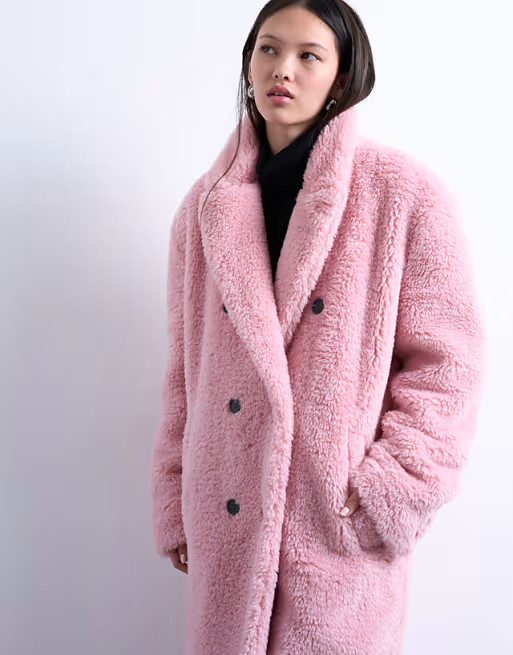 Topshop double breasted teddy longline coat in pink | ASOS (Global)