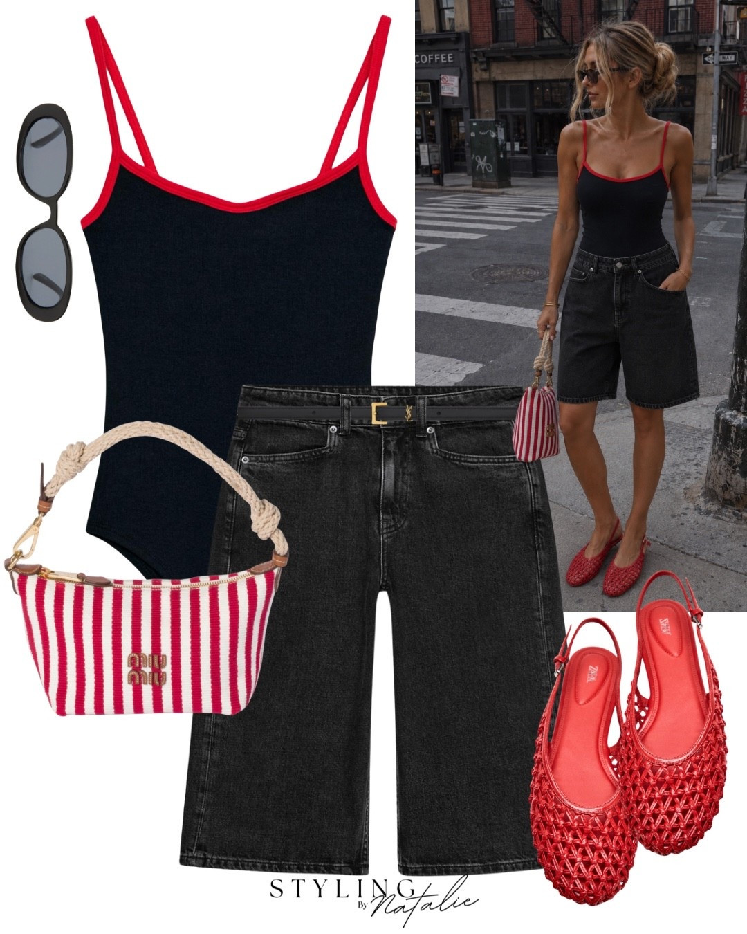 Black and red outfit- black bodysuit with red contrast piping and black denim Bermuda shorts, Miu Miu stripe bag and ted woven ballet slingbacks.
Summer outfit, date night, trendy look @Zara

#LTKsummer #LTKdatenight #LTKeurope