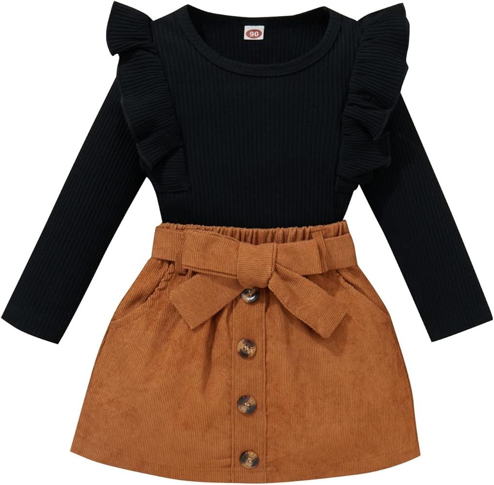 Toddler Baby Girl Fall Winter Clothes Turtleneck Solid Knit Pullover Tops Plaid Button Mini Skirts S | Amazon (US)