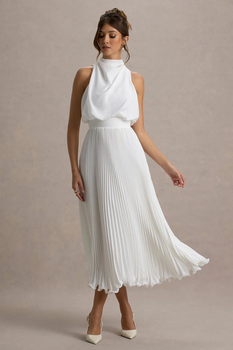 Nila  White Cowl-Neck Midi Dress With Plisse Skirt | Club L London