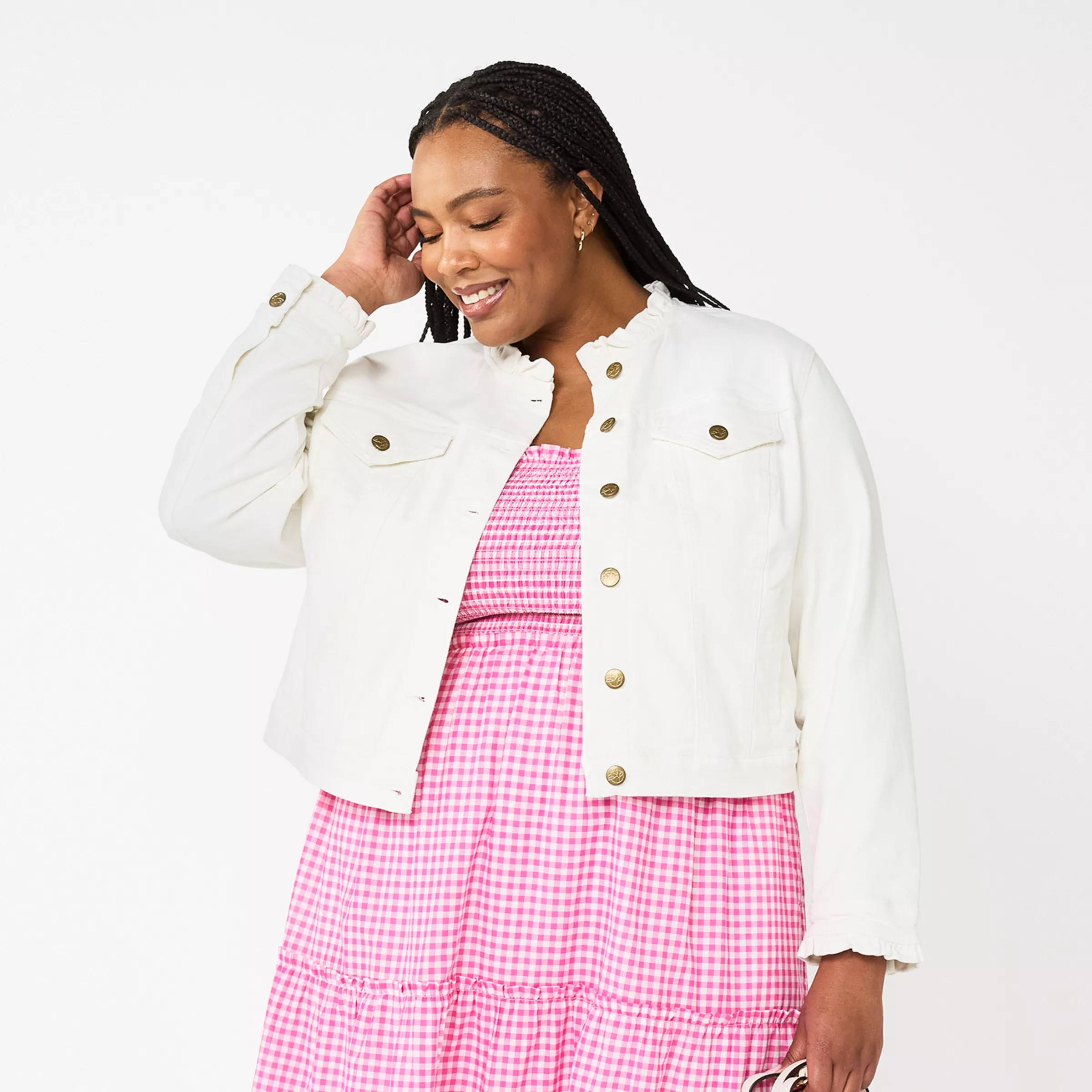 Plus Size DRAPER JAMES RSVP™ Ruffle Trim Denim Jacket | Kohl's