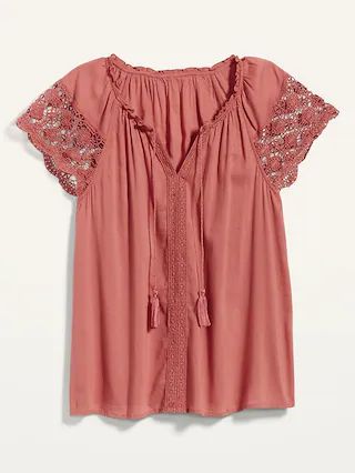 Relaxed Tie-Neck Crochet-Lace Sleeve Blouse for Women | Old Navy (US)