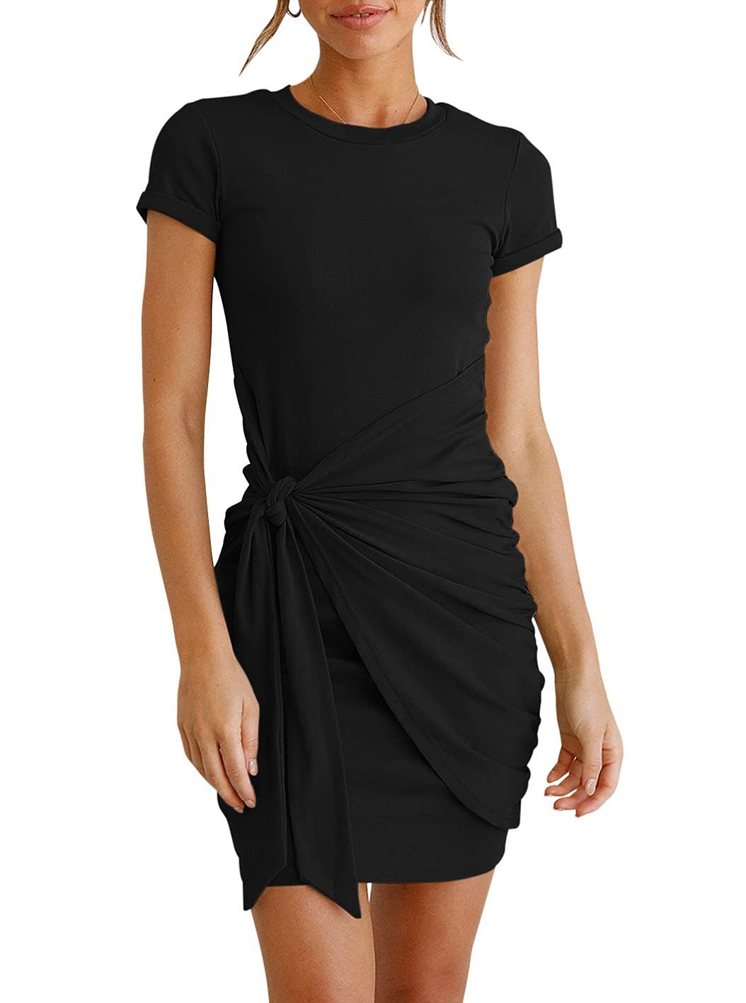 REORIA Women's Summer Casual T Shirt Dress Short Sleeve Crewneck Bodycon Ruched Tie Waist Mini Dr... | Amazon (US)