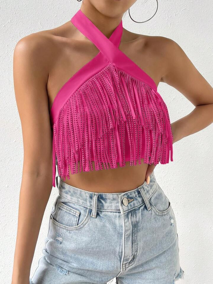 SHEIN BAE Fringe Trim Crisscross Tie Backless Crop Halter Top | SHEIN